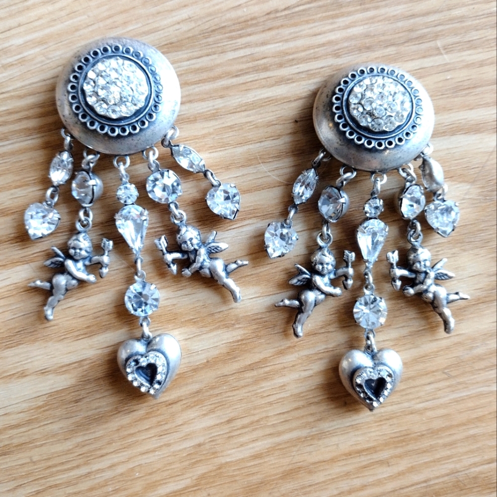 Rare Askew London Earrings Cherubs Angels Hearts Silver Plate Swarovski Crystals